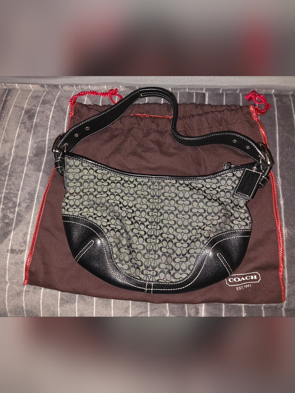 Coach Black and Gray Signature Canvas Shoulder Bag
